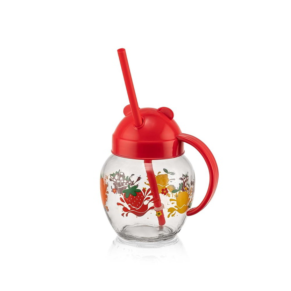 Iris C-00373 Cute 370ml Üveg bögre szívószállal - Piros / zöld / sárga (C-00373)