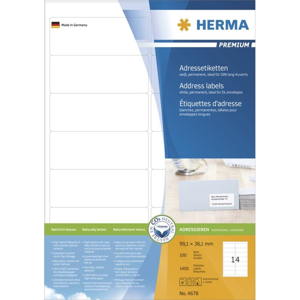 HERMA Adressetiketten A4 weiß 99,1x38,1  mm Papier 1400 St. (4678)