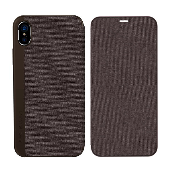 JOYROOM LEON tok álló, bőr hatású (aktív FLIP, oldalra nyíló, textilbevonat) BARNA [Apple iPhone XS 5.8]