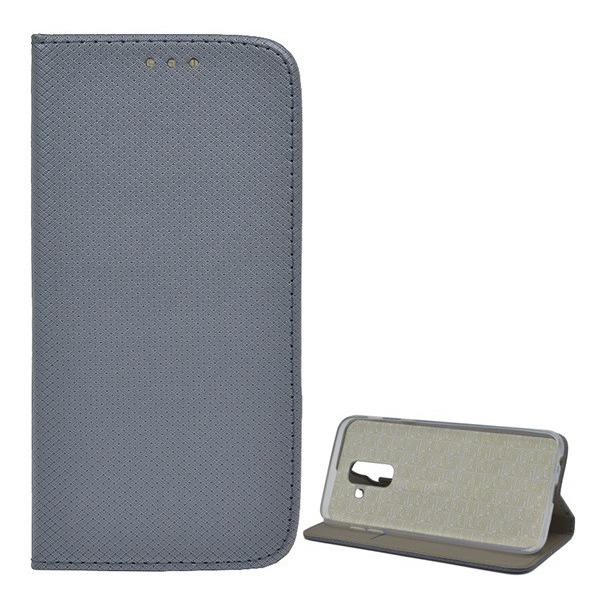 Tok álló, bőr hatású (FLIP, oldalra nyíló, asztali tartó funkció, rombusz minta) SZÜRKE [Samsung Galaxy A6+ (2018) SM-A605F] (5996457798612)