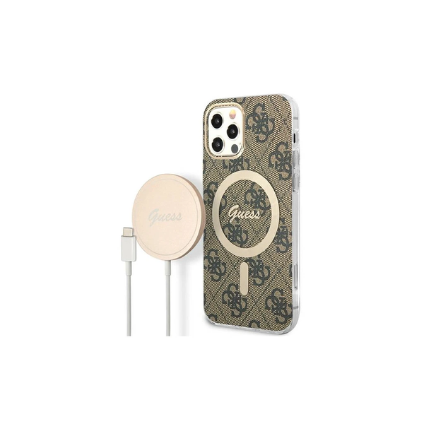 Guess Set GUBPP12MH4EACSW Case+ Charger – iPhone 12/12 Pro készülékhez, kemény tok, töltő, 4G Print, MagSafe, barna