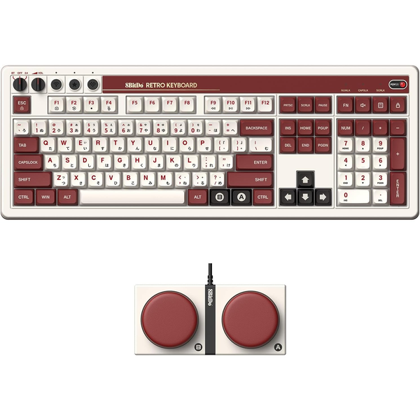 Безжична механична клавиатура с вграден 8BitDo Retro 108 Numpad, Bluetooth/2.4G/USB-C с възможност за гореща смяна Gaming Retro за Windows и Android - Fami Edition