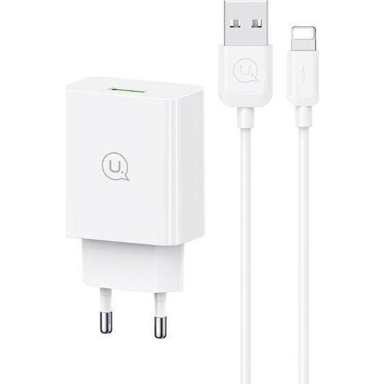 USAMS SC hálózati töltő USB aljzat 18W, PD gyorstöltő 3.0 + lightning kábel, FEHÉR ( )