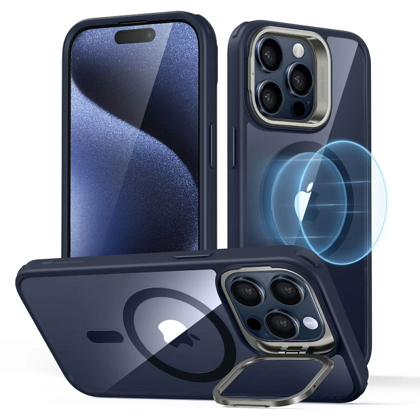 ESR Classic Hybrid Case with Stash Stand (HaloLock), Compatible with iPhone 15 Pro Max, Clear Dark B tok (1A6750302)