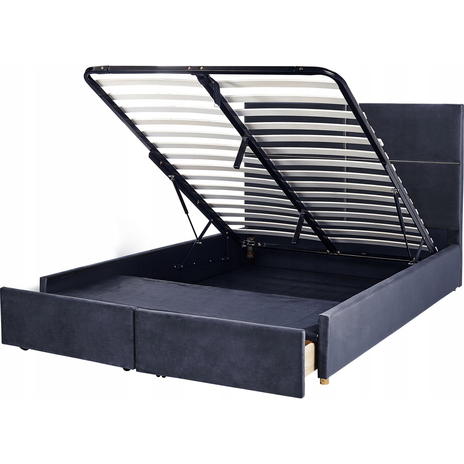 Cama Con Somier De Terciopelo Negro Dorado 160 X 200 Cm Almacenaje Vernoyes - Negro