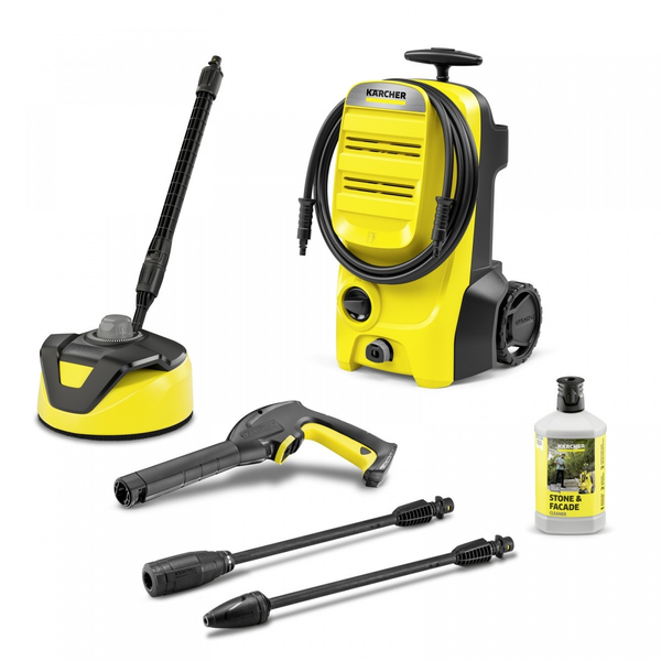 Водоструйка Karcher K 4 Classic Home EU, 1800 W, Универсален мотор, 130 бара, 420 л/ч максимален дебит, Маркуч под налягане 6 м, Пистолет G 120 Q, Съдържа Home Kit: T 5 за почистване на повърхности, препарат за камъни и фасади 3 в 1,1 л,
