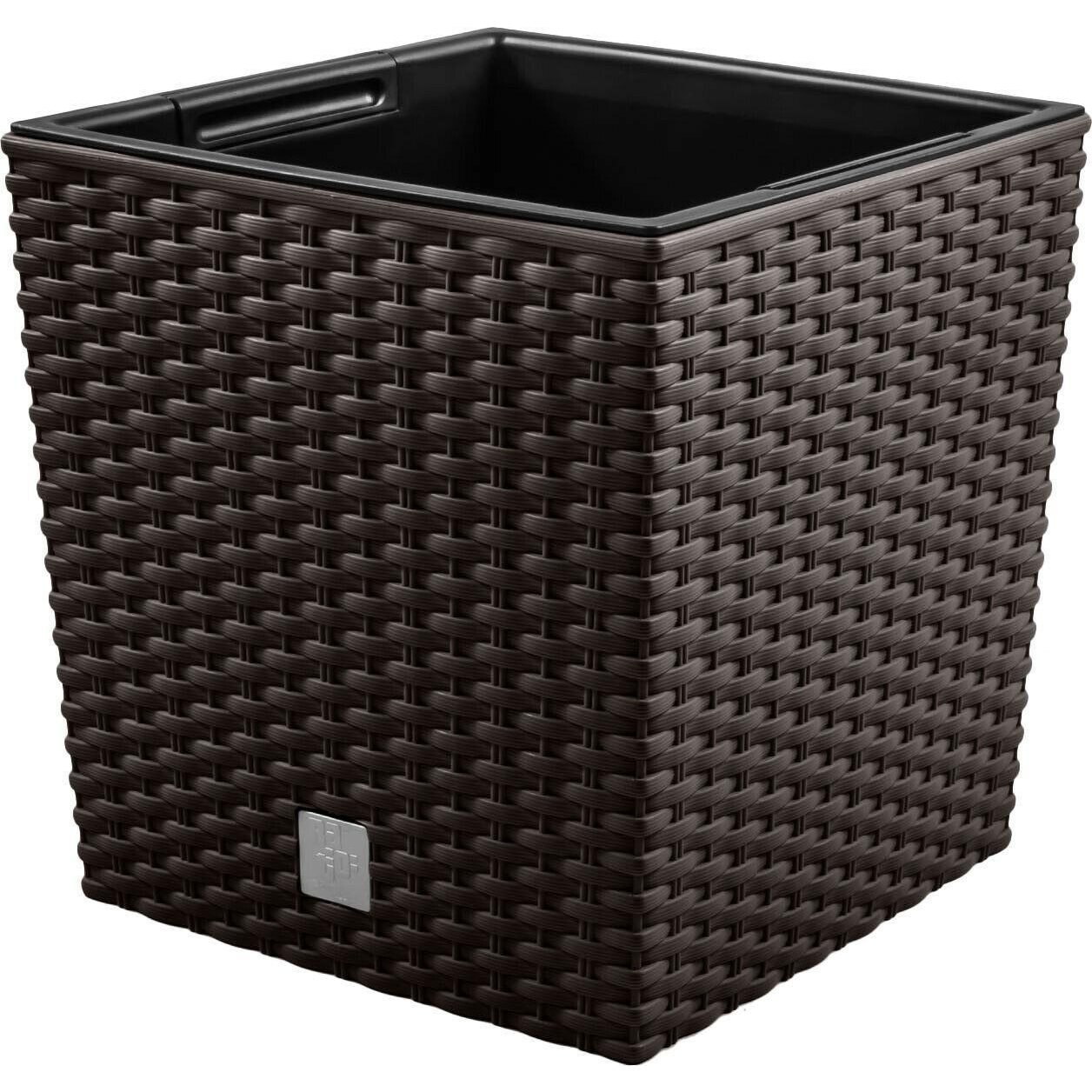 Rattan virágcserép, Prosperplast Rato Low 400, barna, 40 x 40 cm, magasság: 40,8 cm, betéttel, 37 / 64 l, rattan hatású, négyzetes, alacsony kivitel (DRTS400L-440U)