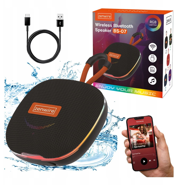 Zenwire BS-07 prenosni Bluetooth zvočnik 13 W z FM radiem, USB/TF (microSD), RGB, IPX4, TWS, mikrofon, USB-C, črn