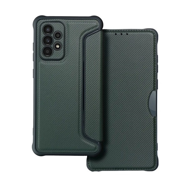 Samsung Galaxy A52 / A52 5G / A52s 5G SM-A525F / A526B / A528B, Oldalra nyíló tok, légpárnás sarok, bőrhatású, karbon minta, Razor Book, zöld (RS129232)