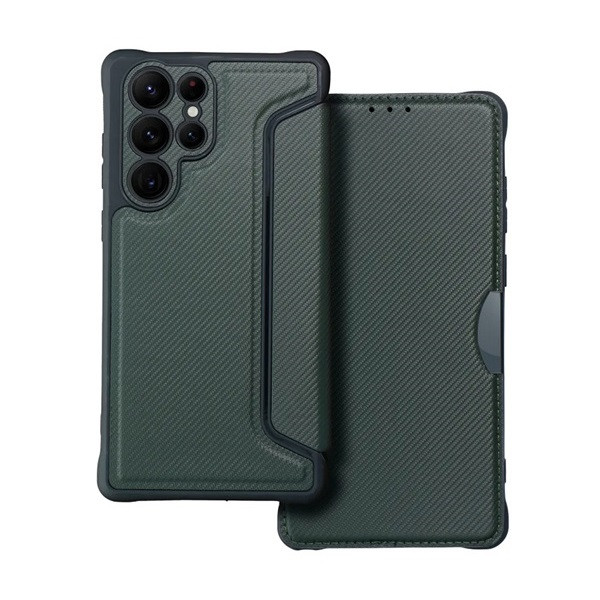 Samsung Galaxy S22 Ultra 5G SM-S908, Oldalra nyíló tok, légpárnás sarok, bőrhatású, karbon minta, Razor Book, zöld