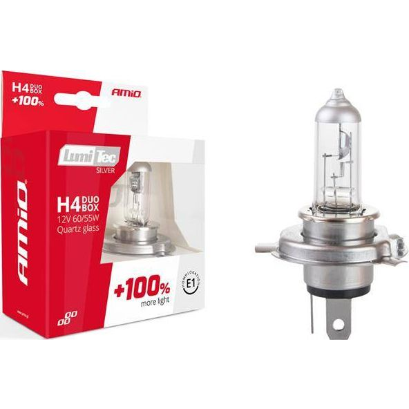  AMiO Zestaw żarówek halogenowych H4 12V 60/55W LumiTec SILVER +100% DUO BOX