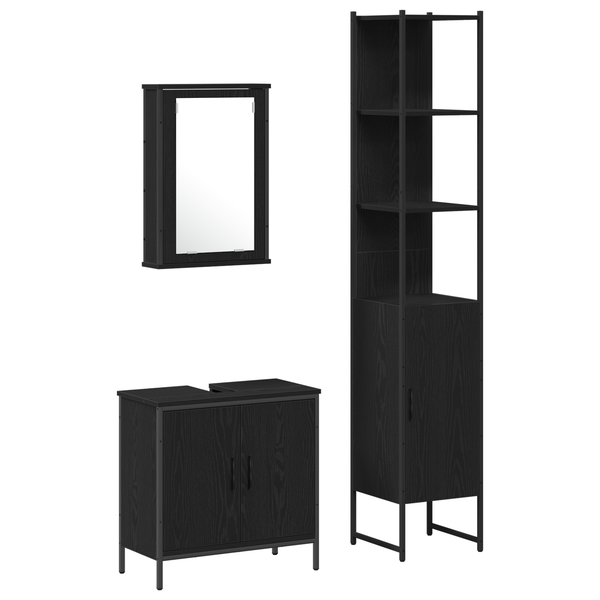 Set de mobilier pentru baie 3 piese Negru stejar din lemn prelucrat