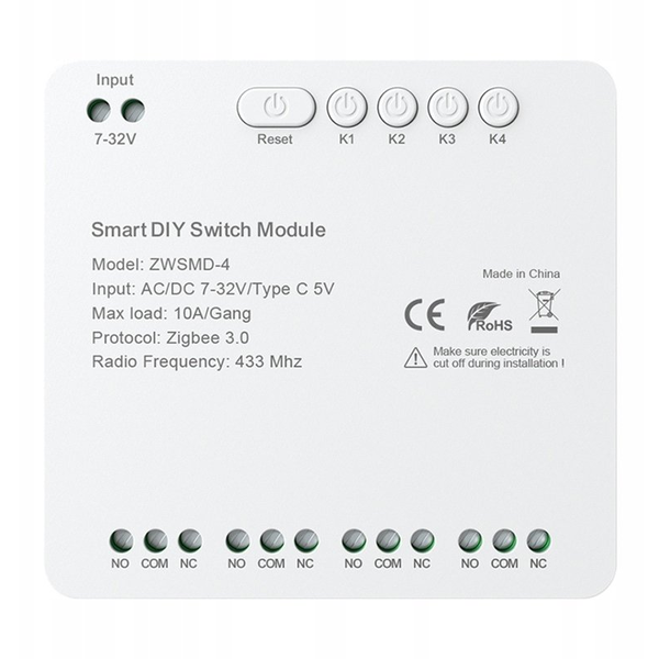 AVATTO 4 csatornás ZigBee kapcsolómodul feszültségmentes DC 32V-os érintkezővel