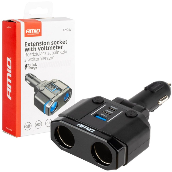 Rozdzielacz rozgałęźnik gniazda zapalniczki pd30w pd20w qc3.0 12v 24v + woltomierz amio-04174