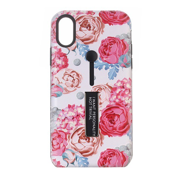 Műanyag telefonvédő (szilikon belső, asztali tartó funkció, ujjra húzható szilikon, bazsarózsa minta) FEHÉR [Apple iPhone XS Max 6.5] (5996457802241)