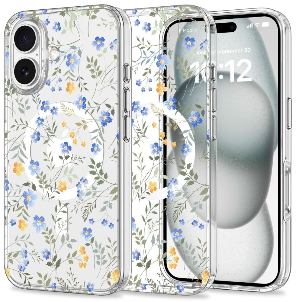 Apple iPhone 16, Műanyag hátlap védőtok + szilikon keret, Magsafe töltővel kompatibilis, tavaszi virág minta, Magmood Magsafe Spring Flowers, mintás/átlátszó (5906302311507)