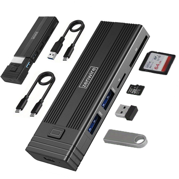 Zenwire HUB63 ohišje za M.2 SSD + USB-C hub 7v1, NVMe/SATA, 10 Gb/s, 2x USB-A, bralnik SD/microSD kartic