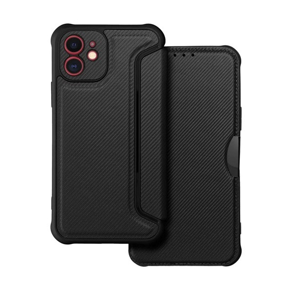 Apple iPhone 12, калъф със странично отваряне, ъгъл с въздушна възглавница, кожен ефект, карбонов модел, Razor Book, черен (RS129161)