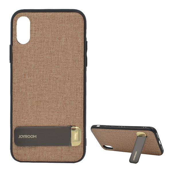 JOYROOM szilikon telefonvédő (textil bevonat, kitámasztó) BARNA [Apple iPhone XS 5.8]
