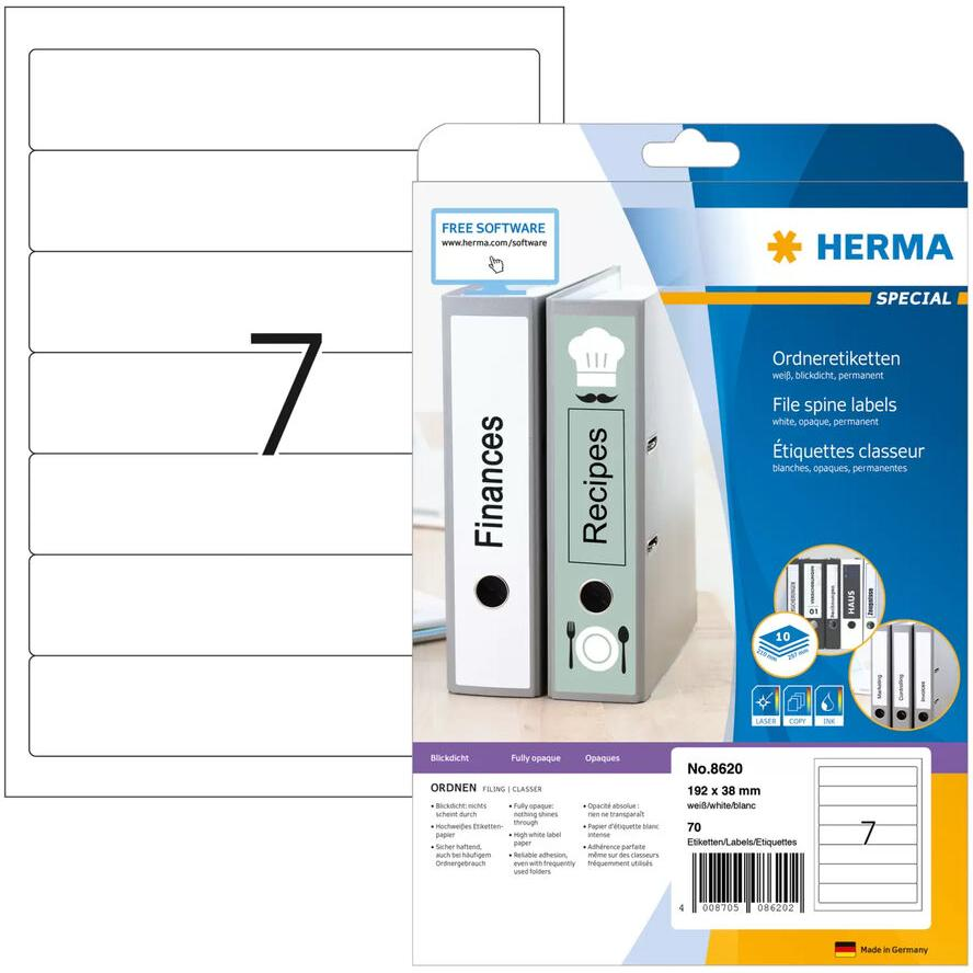 HERMA Ordneretiketten A4 weiß 192x38 mm Papier opak 70 St. (8620) (8620)