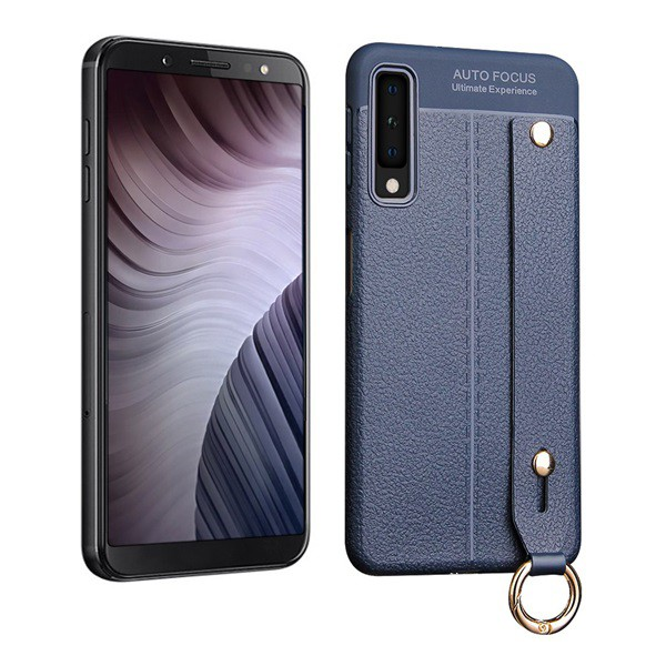 Szilikon telefonvédő (közepesen ütésálló, asztali tartó funkció, bőr hatású, varrás minta + kézpánt) SÖTÉTKÉK [Samsung Galaxy A7 (2018) SM-A750F] (5996457826025)