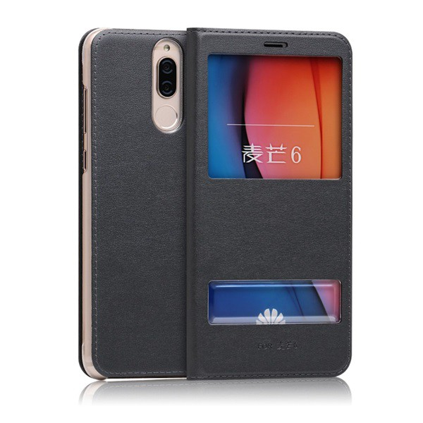 Husa pentru telefon cu efect de piele in picioare (clapa, deschidere laterala, fereastra de vizualizare dubla) Gri inchis [Huawei Mate 10 Lite]