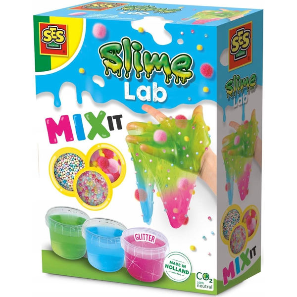 SES Creative Slime - lab - Mix it 3 kleuren slijm - met balletjes, pompons en kralen om te mixen - Slijm maken – Melma
