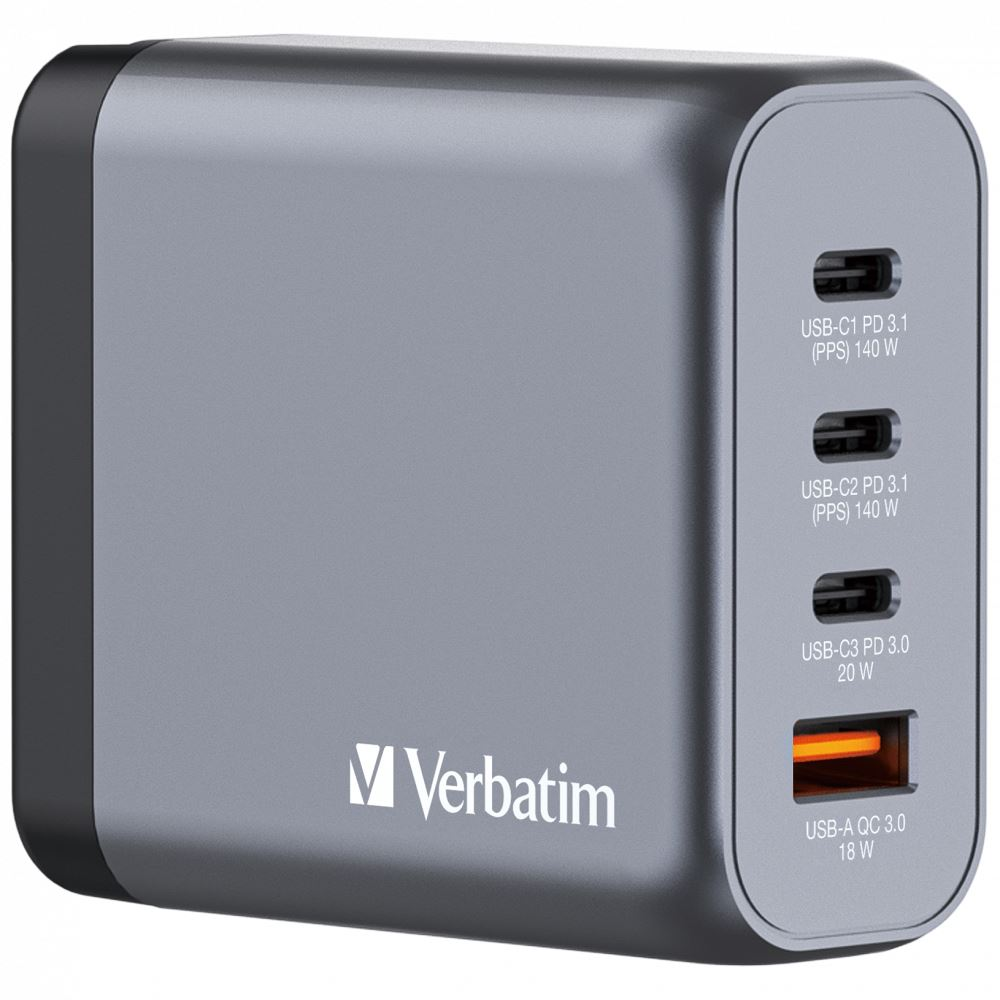 Verbatim 140W 4-Port (2xUSB-C PD 140W/1xUSB-C PD 20W/1xUSB-A QC 3.0) GaN EU/UK hálózati töltő (32203) (verbatim32203)
