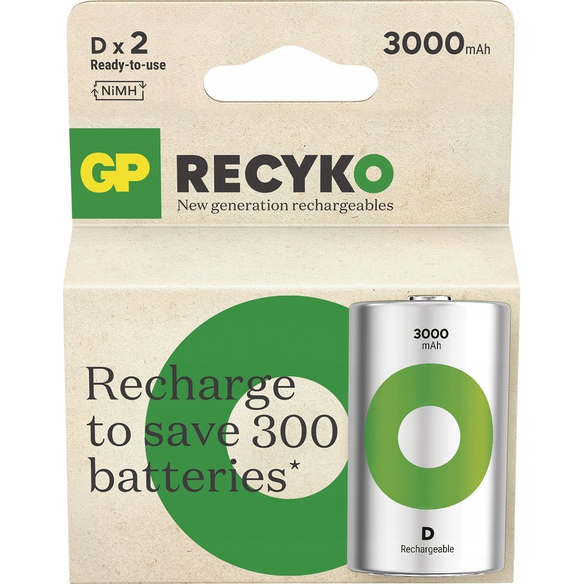 GP ReCyko NiMH újratölthető elem HR20 (D) 3000mAh 2db. 1000+ töltési ciklus (B2543)
