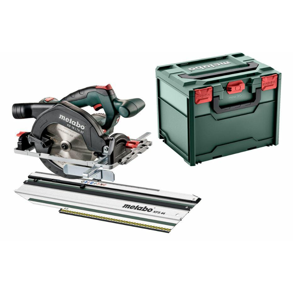 Metabo SET KS 18 LTX 57 Akkus kézi körfűrész Vágási mélység max. (90°) 57 mm akku nélkül, Hordtáskával, kihajtható sínnel, párhuzamos ütközővel 18 V (691195000) (691195000)