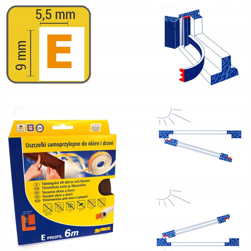 VOREL ablak- és ajtótömítés, öntapadós, 9×4 mm, E típus, barna, 6 m (SADSDS-04021-006)