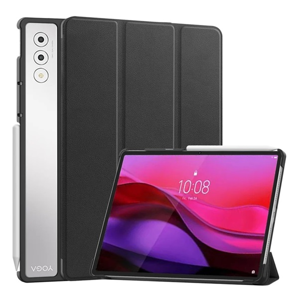 Tok álló, bőr hatású (aktív FLIP, oldalra nyíló, TRIFOLD, asztali tartó) FEKETE Lenovo Yoga Tab Plus (TB520FU) 