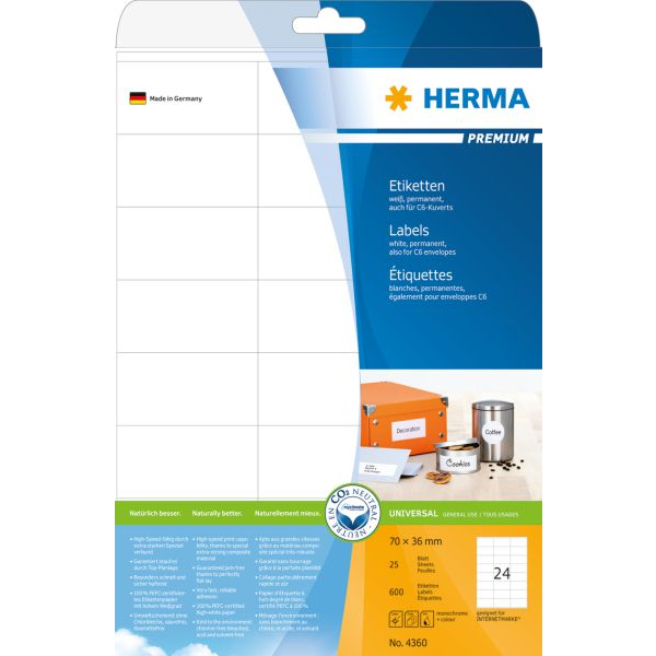 Herma 4360 Univerzális etikett 70 x 36 mm Papír Fehér 600 db Véglegesen tapadó Tintasugaras nyomtató, Lézernyomtató, Színes lézernyomtatás, Másoló, (4360)