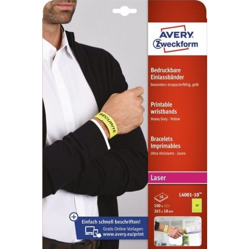 Avery L4001-10 265x18mm nyomtatható 10db-os sárga karszalag (L4001-10)