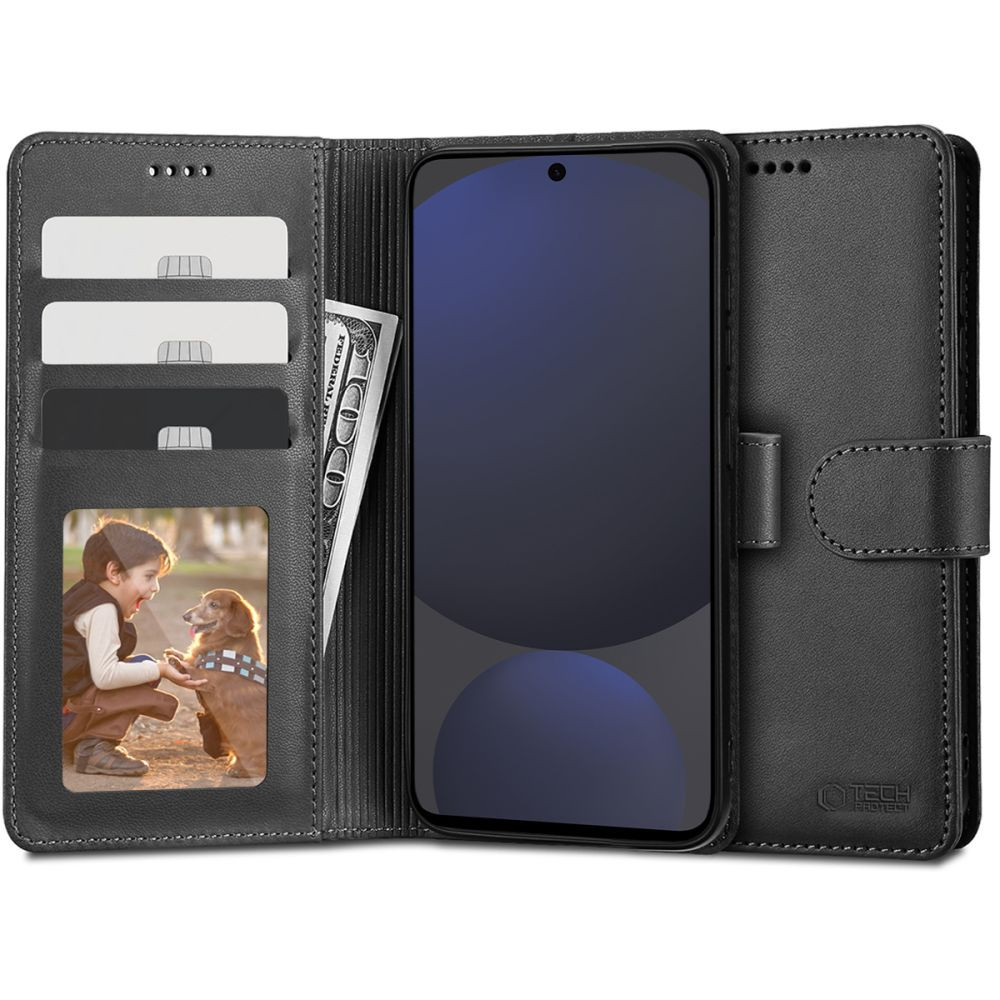 Samsung Galaxy S24 FE SM-S721, Oldalra nyíló tok, stand, mágnes csattal, TP Wallett, fekete (5906302371501)