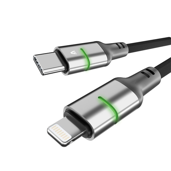 AVAX CB636 STEELY LED 2m 27W USB-C - Lightning fekete fonott gyorstöltő kábel (AVAX_CB636)